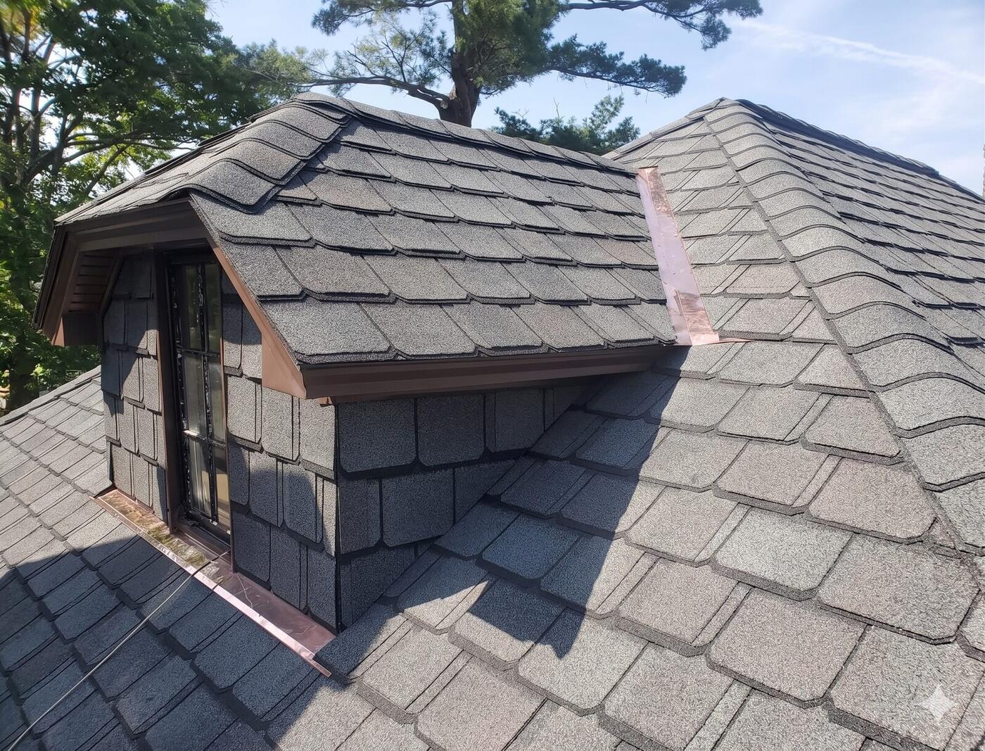 Detail of a freshly-installed asphalt shingle roof with copper accents