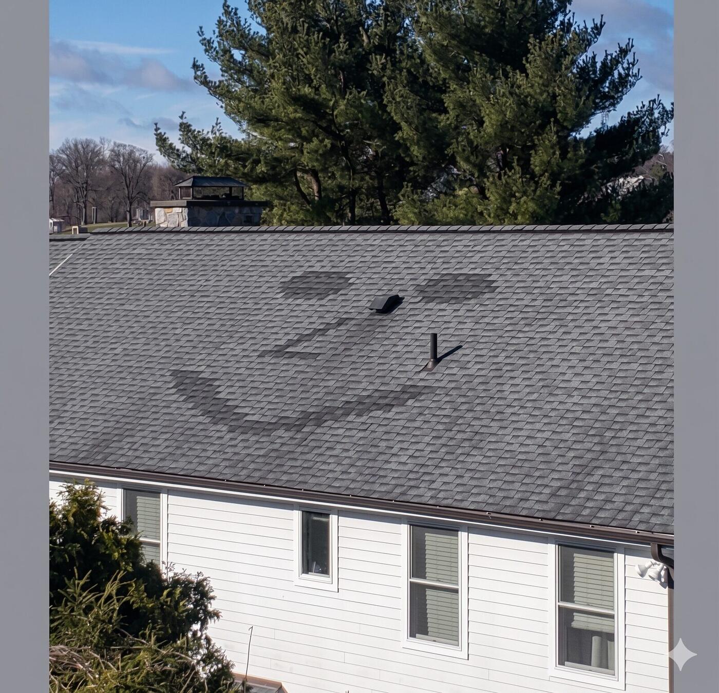 Roof showing weathered and damaged shingle areas